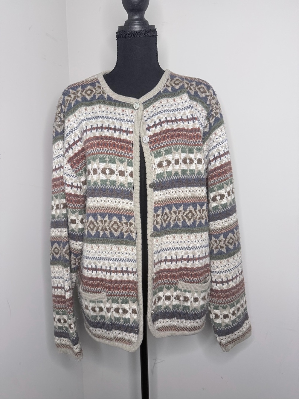 Vintage Talky-Ho Multi-Pattern Button Cardigan Sweater - Cream with Earth Tones